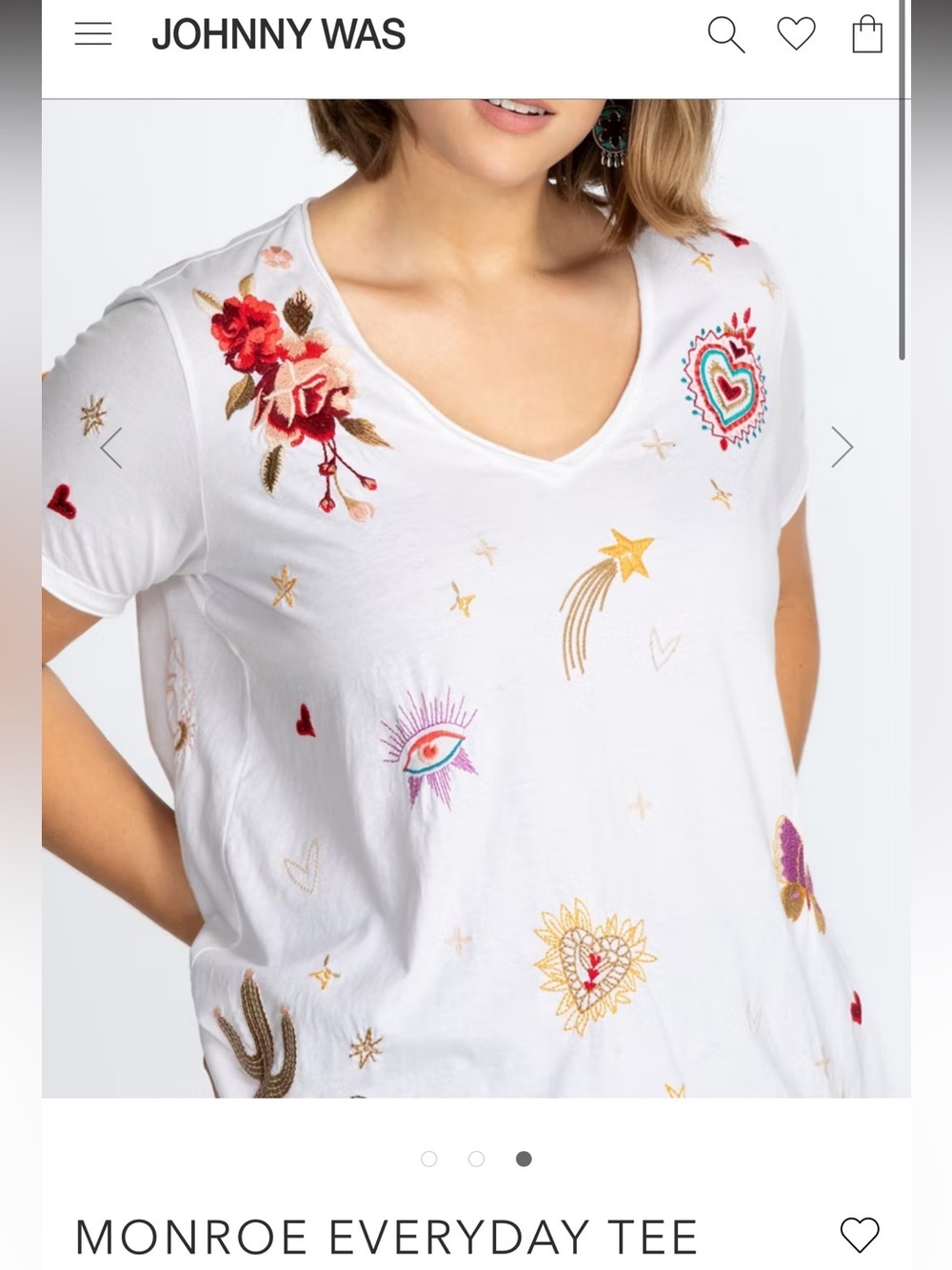 Johnny Was Monroe White V-Neck Tee with Embroidered Motifs